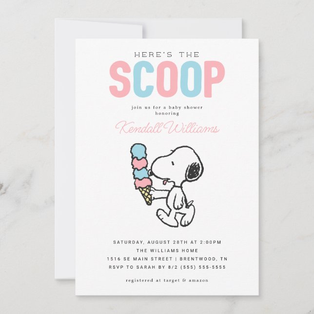 Invitación Peanuts Snoopy | Aquí está el Scoop - Baby Shower (Anverso)