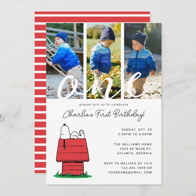 Invitación Peanuts Snoopy Dog House primer cumpleaños (Anverso / Reverso)