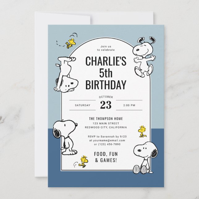 Invitación Peanuts Snoopy & Woodstock Cumpleaños Azul (Anverso)