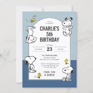 Invitación Peanuts Snoopy & Woodstock Cumpleaños Azul