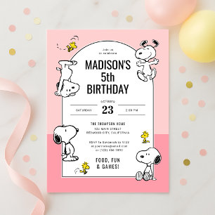 Invitación Peanuts Snoopy & Woodstock Cumpleaños Rosa
