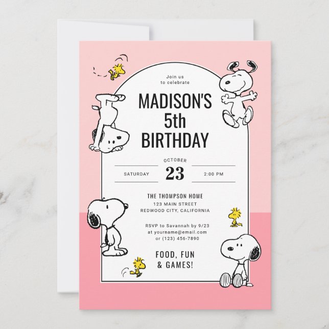 Invitación Peanuts Snoopy & Woodstock Cumpleaños Rosa (Anverso)