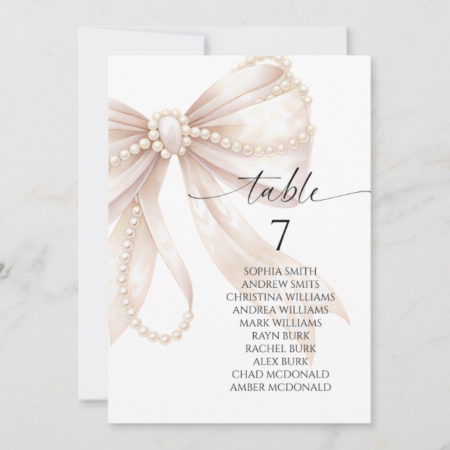 Invitación Pearl and Bow Table Number Seating Chart (Anverso)