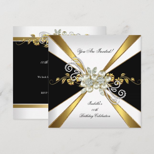 Invitación Pearl Black Gold Silver Fiesta de cumpleaños 2 (Anverso / Reverso)