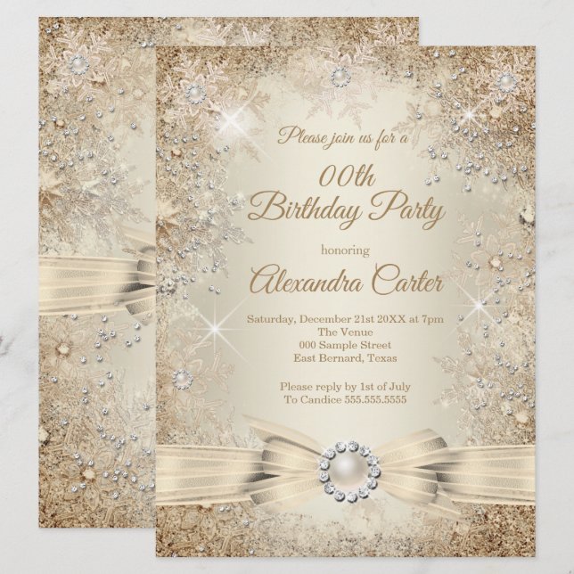 Invitación Pearl Bow Beige Cream Gold Snowflake Cumpleaños (Anverso / Reverso)