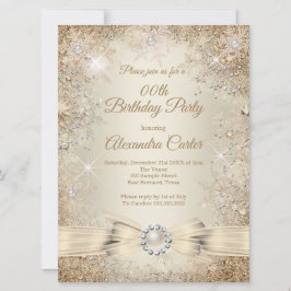 Invitación Pearl Bow Beige Cream Gold Snowflake Cumpleaños