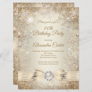 Invitación Pearl Bow Beige Cream Gold Snowflake Cumpleaños