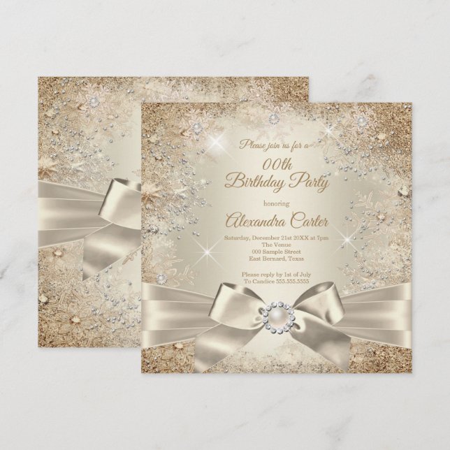 Invitación Pearl Bow Beige Cream Gold Snowflake Fiesta (Anverso / Reverso)