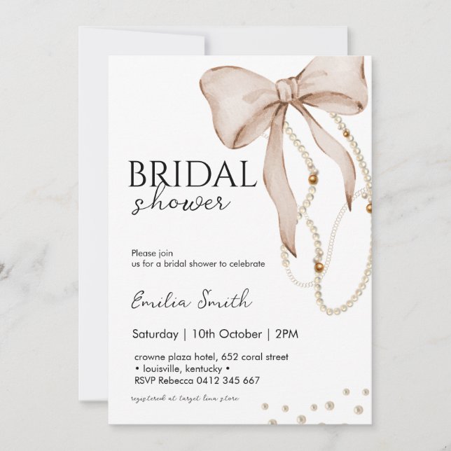 Invitación Pearl Bow Bridal Shower (Anverso)