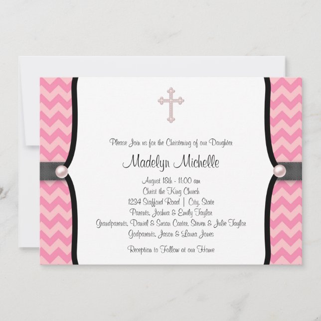 Invitación Pearl Cross Pink Chevron Christening (Anverso)
