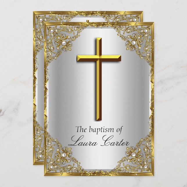 Invitación Pearl Damask Cross Baptism Silver Gold (Anverso / Reverso)