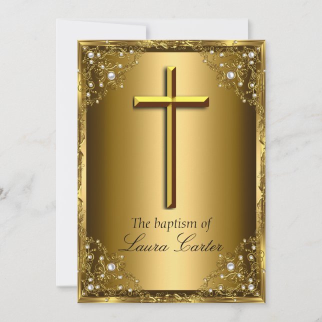 Invitación Pearl Damask y Cross Baptism/Christening Gold (Anverso)