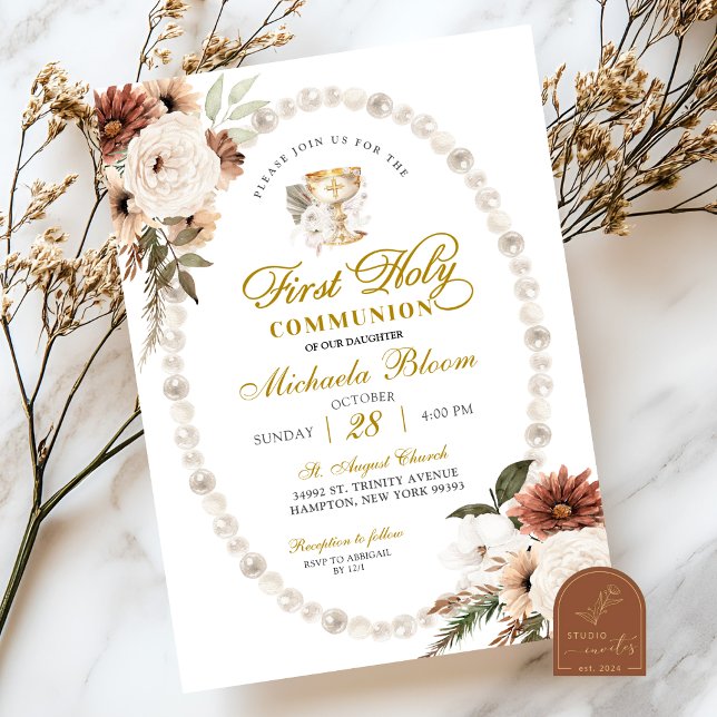 Invitación Pearl floral de tono de la Tierra Primera Comunión (Subido por el creador)