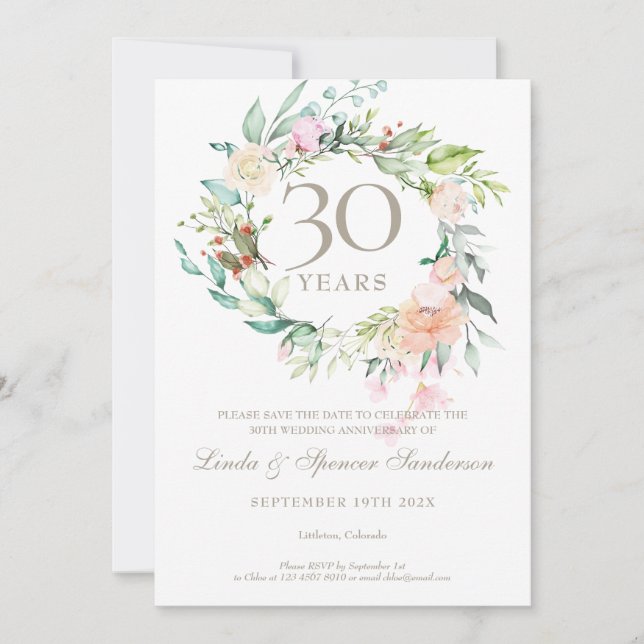 Invitación Pearl Floral Roses para Aniversario de 30 Años Fec (Anverso)