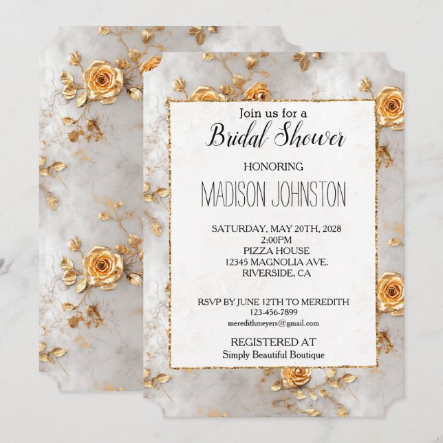 Invitación Pearl Gold Floral Boda Bridal Shower (Anverso / Reverso)