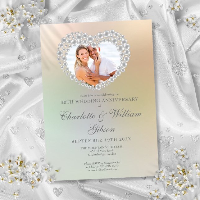 Invitación Pearl Heart Photo 30th Aniversario del Boda (Pearl Heart Photo 30th Wedding Anniversary Invitation)
