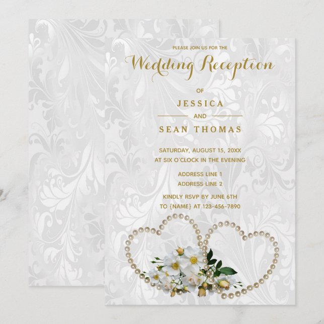 Invitación Pearl Hearts & Flowers Damask Wedding Recepción (Anverso / Reverso)