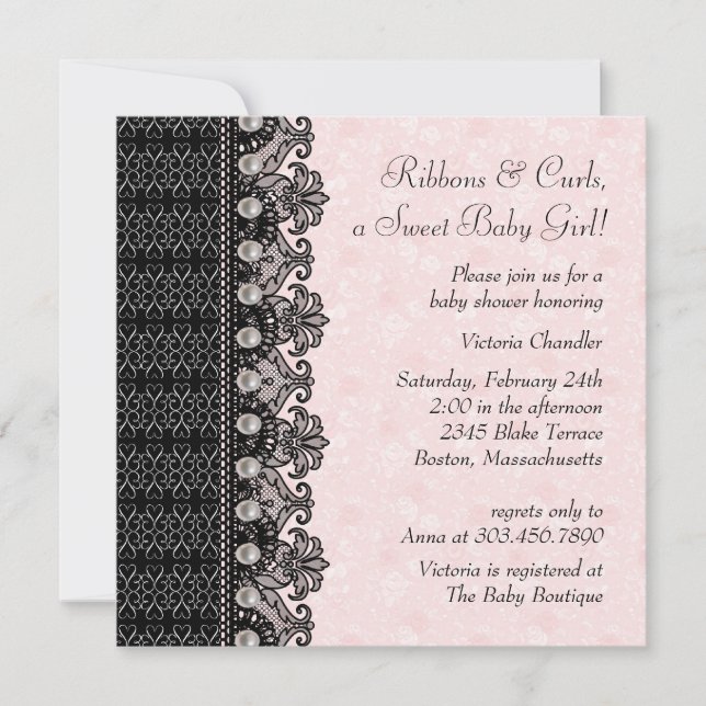 Invitación Pearl Lace Pink Black Baby Shower (Anverso)