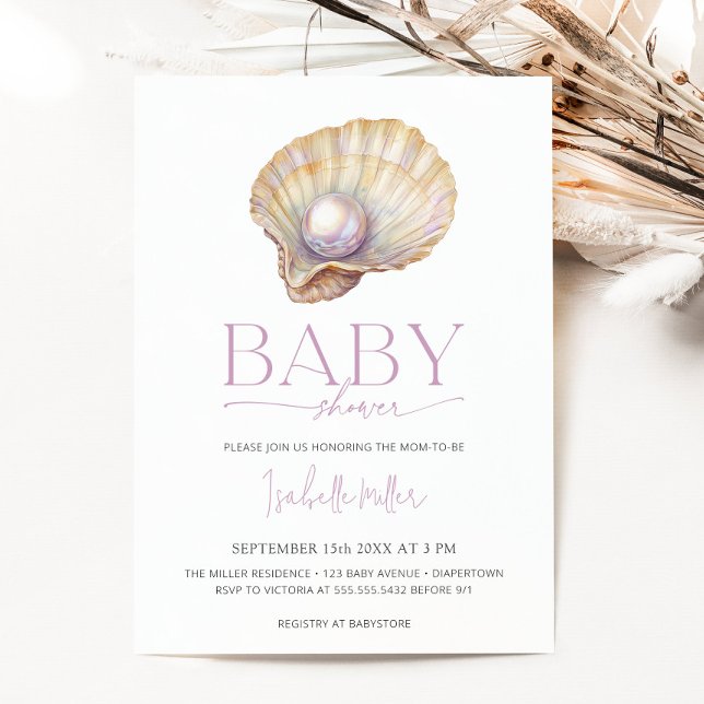 Invitación Pearl Oyster Sea Ocean Beach Chica Baby Shower (Pearl Oyster Sea Ocean Beach Girl Baby Shower Invitation)