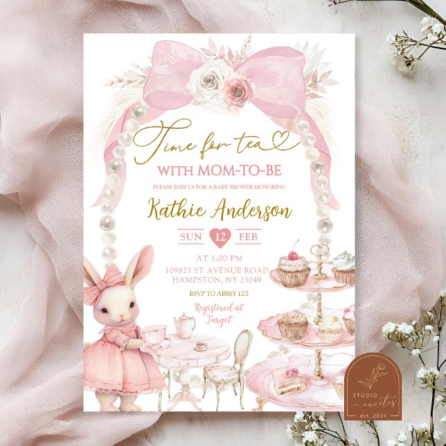 Invitación Pearl Pink Bow Coquette Bunny Baby Shower (Subido por el creador)