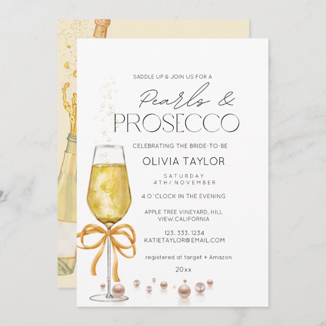 Invitación Pearl & Prosecco Champagne Bow Bridal Shower (Anverso / Reverso)