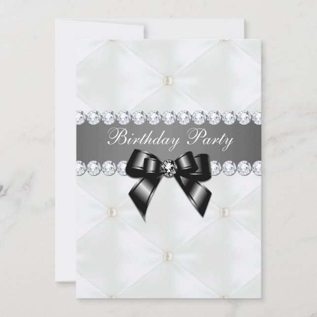 Invitación Pearl Quilted & Black Jewel Bow Cumpleaños (Anverso)