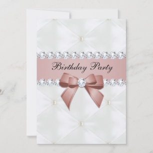 Invitación Pearl Quilted & Rosa Gold Jewel Bow Cumpleaños