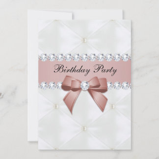 Invitación Pearl Quilted & Rosa Gold Jewel Bow Cumpleaños
