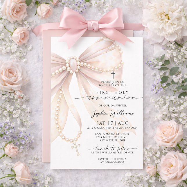 Invitación Pearl Rosary Bow First Holy Communion Invitation (Subido por el creador)