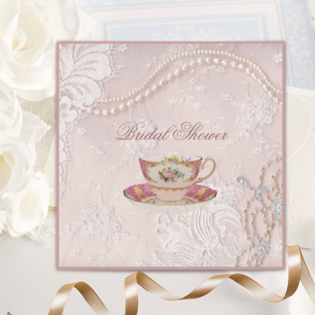 Invitación Pearl Rubor novia de encaje rosa Tea Party Invitac (Pearl Blush pink lace bridal Tea Party Invitation)