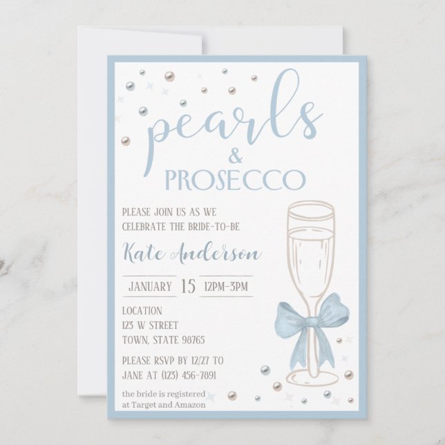 Invitación Pearls and Prosecco Blue Bow Bridal Shower (Anverso)