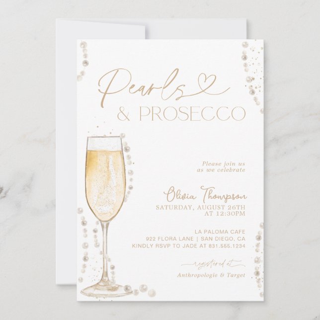 Invitación Pearls and Prosecco Bridal Shower, Bubbly Invite (Anverso)
