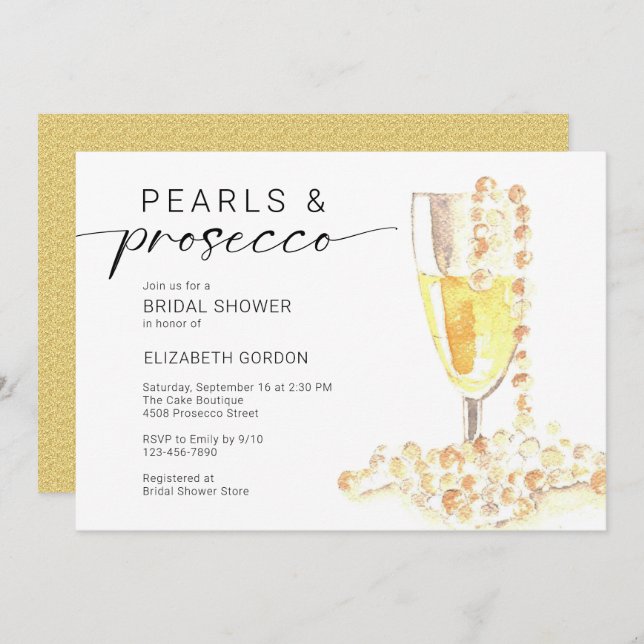 Invitación Pearls and Prosecco Bridal Shower Custom Minimal  (Anverso / Reverso)