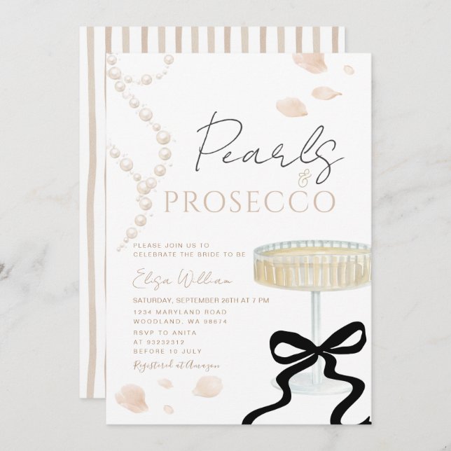 Invitación Pearls and Prosecco Ivory Bow  Bridal Shower  (Anverso / Reverso)