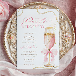 Invitación Pearls and Prosecco Pink Bow Bridal Shower