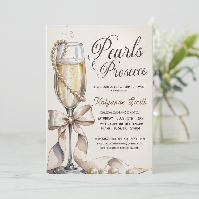 Invitación Pearls and Prosecco White Bow Bridal Shower  (Anverso de pie)