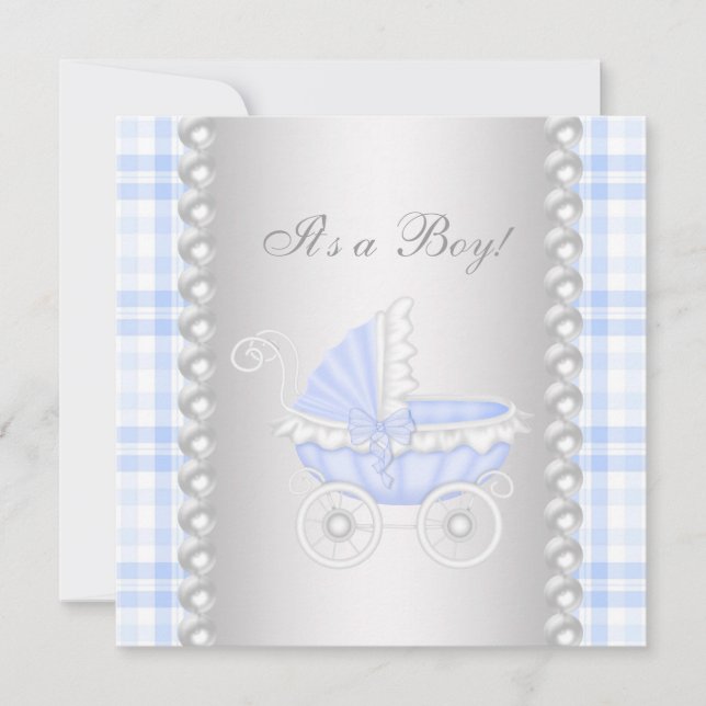 Invitación Pearls Blue Gingham Carriage Baby Boy Shower (Anverso)