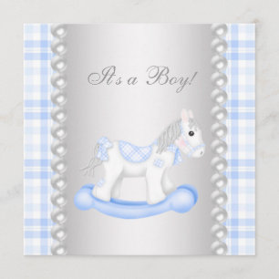 Invitación Pearls Blue Gingham Rocse Horse Baby Shower