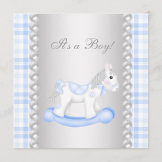Invitación Pearls Blue Gingham Rocse Horse Baby Shower