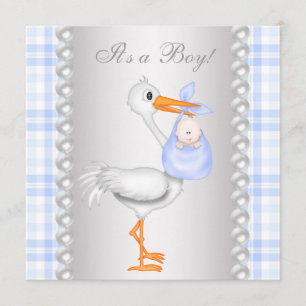 Invitación Pearls Blue Gingham Stork Baby Shower