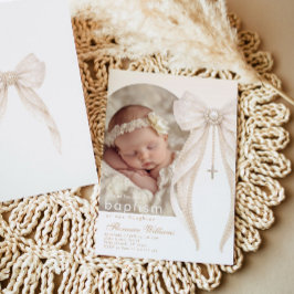 Invitación Pearls Bow Ivory elegant Arch Photo Baptism