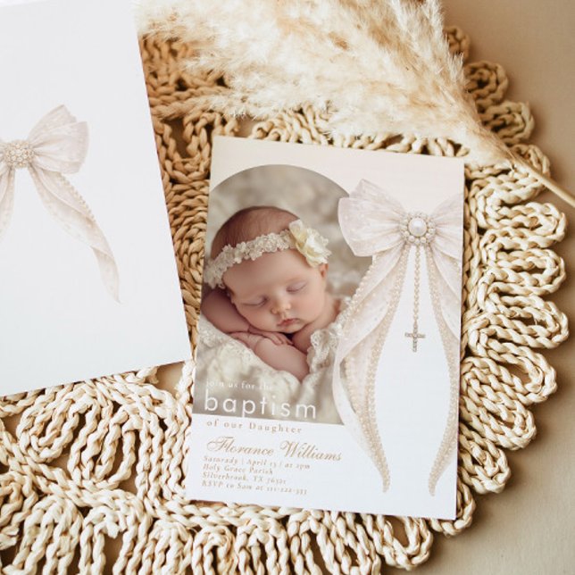Invitación Pearls Bow Ivory elegant Arch Photo Baptism (Subido por el creador)
