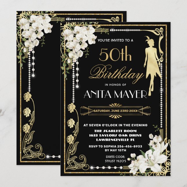 Invitación Pearls Floral Art Deco Birthday ANY AGE (Anverso / Reverso)