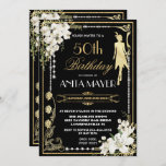 Invitación Pearls Floral Art Deco Birthday ANY AGE<br><div class="desc">Personalize this vintage art deco floral Great roaring 20s theme birthday invitation easily and quickly, simply press the customize it button to further re-arrange and format the style and placement of the text.  Featuring a chic art deco frame, ivory white orchid and lily floral, sparkling pearls and black and gold...</div>