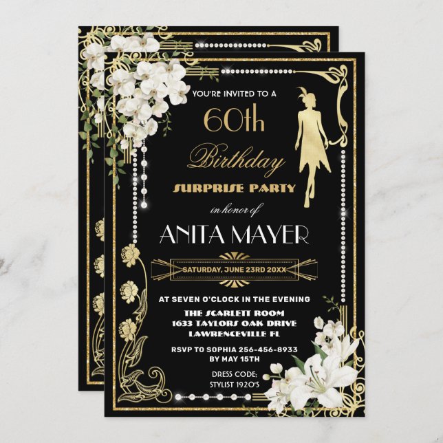 Invitación Pearls Floral Art Deco Gatsby Cumpleaños CUALQUIER (Anverso / Reverso)
