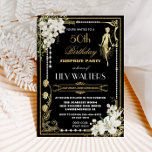 Invitación Pearls Floral Art Deco Gatsby Cumpleaños CUALQUIER<br><div class="desc">Personalice esta vintage decoración de arte deco floral Great Gatsby roaring 20s tema invitación de cumpleaños fácil y rápidamente, simplemente pulse el botón personalizar it para reorganizar y formatear el estilo y la ubicación del texto. Presenta un marco Art Déco de moda, orquídea blanca de marfil y flores de lirio,...</div>