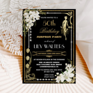 Invitación Pearls Floral Art Deco Gatsby Cumpleaños CUALQUIER