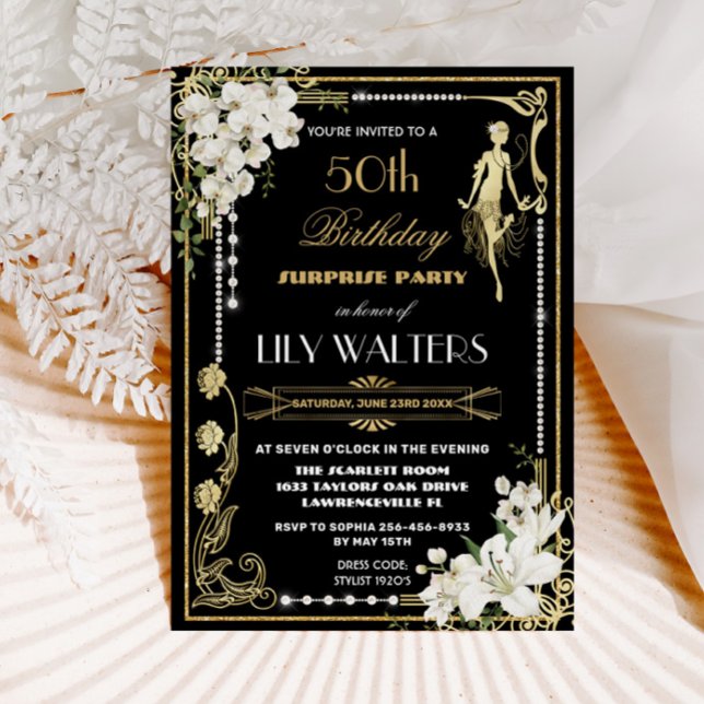 Invitación Pearls Floral Art Deco Gatsby Cumpleaños CUALQUIER (Subido por el creador)