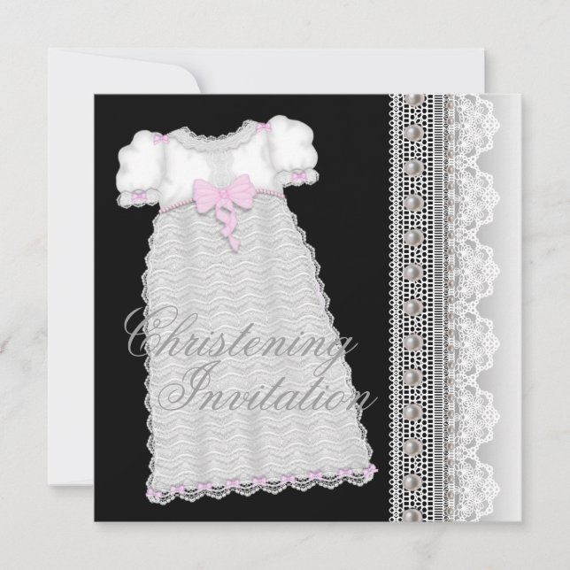 Invitación Pearls Gown Baby Girl Pink Black Christening (Anverso)