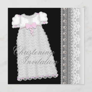Invitación Pearls Gown Baby Girl Pink Black Christening